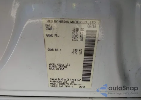 2018 Nissan Altima 2.5 S/2.5 Sl/2.5 Sr/2.5 Sv from USA, damaged, VIN 1N4AL3AP3JC274467